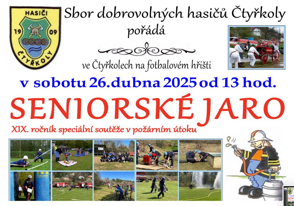 SDH Čtyřkoly pořádá v sobotu 26.4. od 13 hodin na bývalém fotbalovém hřišti ve Vávrovkách tradiční soutěž v požárním útoku Seniorské jaro. Přijďte podpořit naše hasiče!