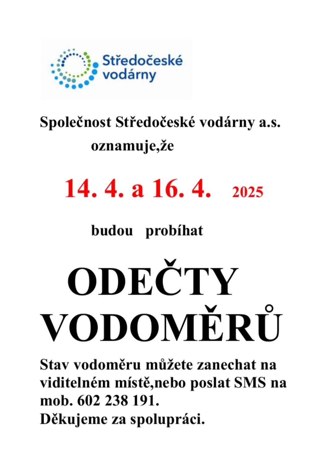 Ve dnech 14. a 16.4. budou Středočeské vodárny provádět odečty.