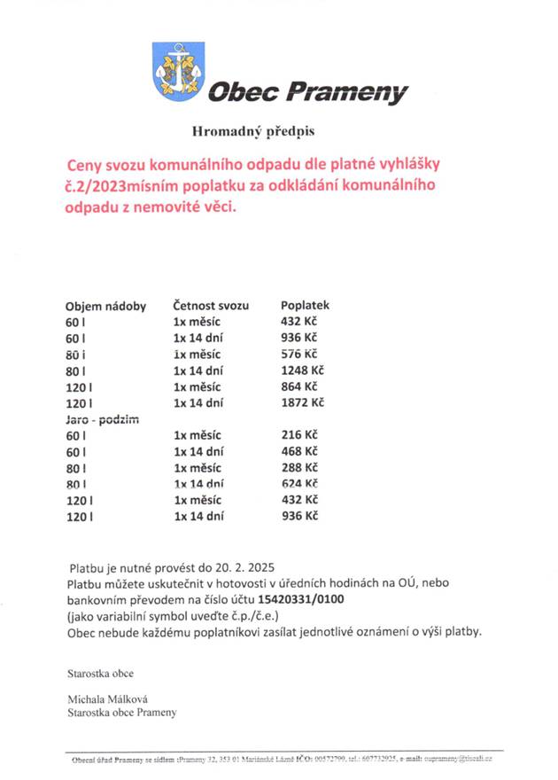 Ceník svozu komunálního odpadu