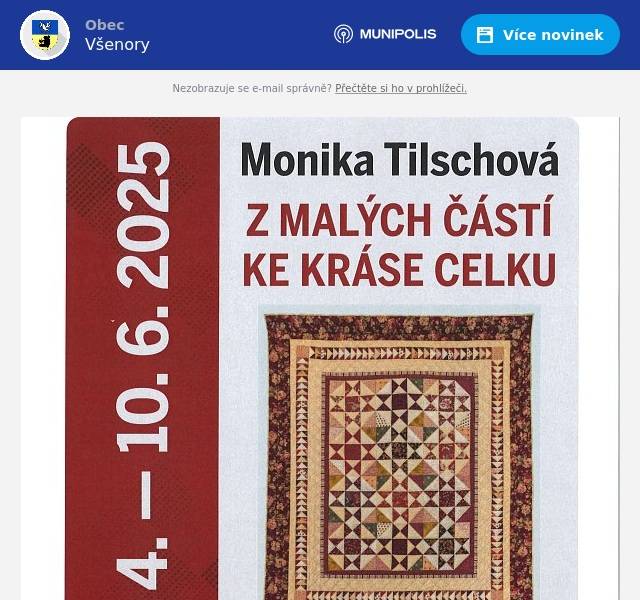 Dobrý den, rádi bychom vás pozvali na nevšední výstavu Moniky Tilschové ze Řevnic. Vernisáž se uskuteční 10.4.2025 v 17 hodin v Kulturním domě Všenory, v Literární kavárně. Čekají na nás ručně šité přikrývky technikou patchworku a quitingu inspirované různými kouty světa.  Monika Tilschová nás výstavou provede a bude nám o své práci vyprávět. Vzhledem k tomu, že tato výtvarnice (a také zubní lékařka) svá díla neprodává, máme ojedinělou možnost si několik z nich prohlédnout. Těšíme se na Vás ---------------------------------------------------------------------------------------------------------------------------------------- Drazí geovýletníci, zveme vás na geologickou vycházku, která se tentokrát uskuteční v karbonu v okolí Stradonic. Okruh má necelé 4 km a není vhodný pro kočárky, protože pěšinky na trase jsou mnohdy příkré a úzké, někdy dokonce kamenité  Start i cíl je v Hýskově na velkém štěrkovém parkovišti u lávky přes Berounku. Sraz je 13.4.2025 v 10:30 (vlak od Berouna přijíždí v 10:18, bus 631 v 10:17). V karbonu pobudeme asi 3 hodiny. Restaurace u Bóny v cíli našeho putování bude otevřena, kapacita až 700 míst, přijďte v hojném počtu. Na setkání se těší Filip Stehlík, průvodce a Alena Sahánková, Všenorská knihovna