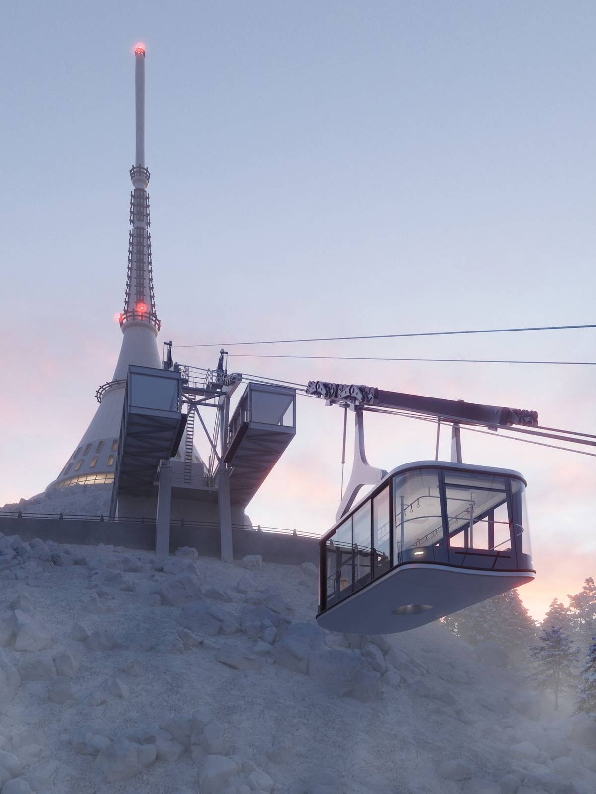 Liberec už ví, jak bude vypadat nová lanovka na Ještěd. Technické řešení počítá s jednou velkou kabinou na dvou lanech.