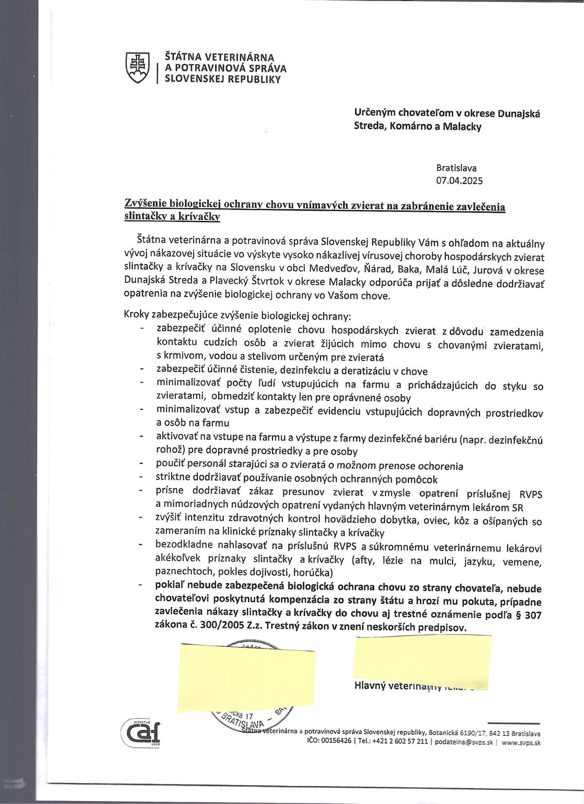 Zvýšenie biologickej ochrany chovu vnímavých zvierat  na zabránenie zavlečenia slintačky a krívačky