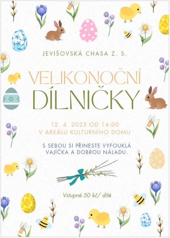 1/  Oznamujeme občanům, že ve čtvrtek 10. 4. 2025 se koná v zasedací místnosti obecního úřadu zasedání zastupitelstva obce.  2/  Jevišovská chasa zve děti i rodiče na Velikonoční dílničky, které se budou konat v sobotu      12. 4. 2025 od  14 hodin v areálu kulturního domu. Sebou si přineste vyfouklá vajíčka a       dobrou náladu. Vstupné je 50 Kč na dítě.