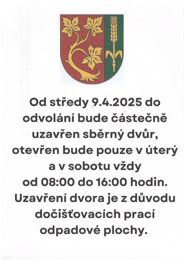 Z důvodu dokončovacích úklidových prací bude do odvolání od 9.4.2025 částečně uzavřen sběrný dvůr.