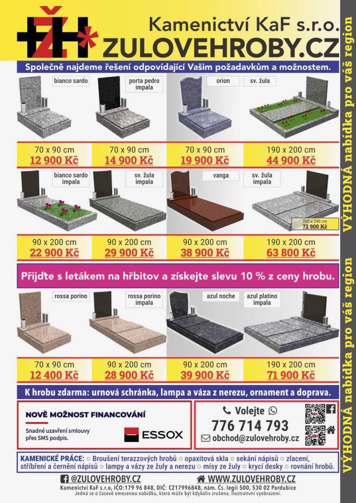 Ve čtvrtek 17.4. a 24.4. vždy od 14:30 - 14:50 bude na místním hřbitově zástupce kamenictví KaF, zulovehroby.cz přijímat objednávky k opravám hrobů.