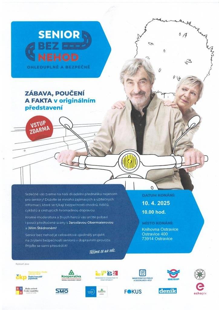 Vážení občané, zveme Vás na přednášku o bezpečnosti "Senior bez nehod" ve čtvrtek 10.4. v 10 h v knihovně. Těšíme se na Vás.