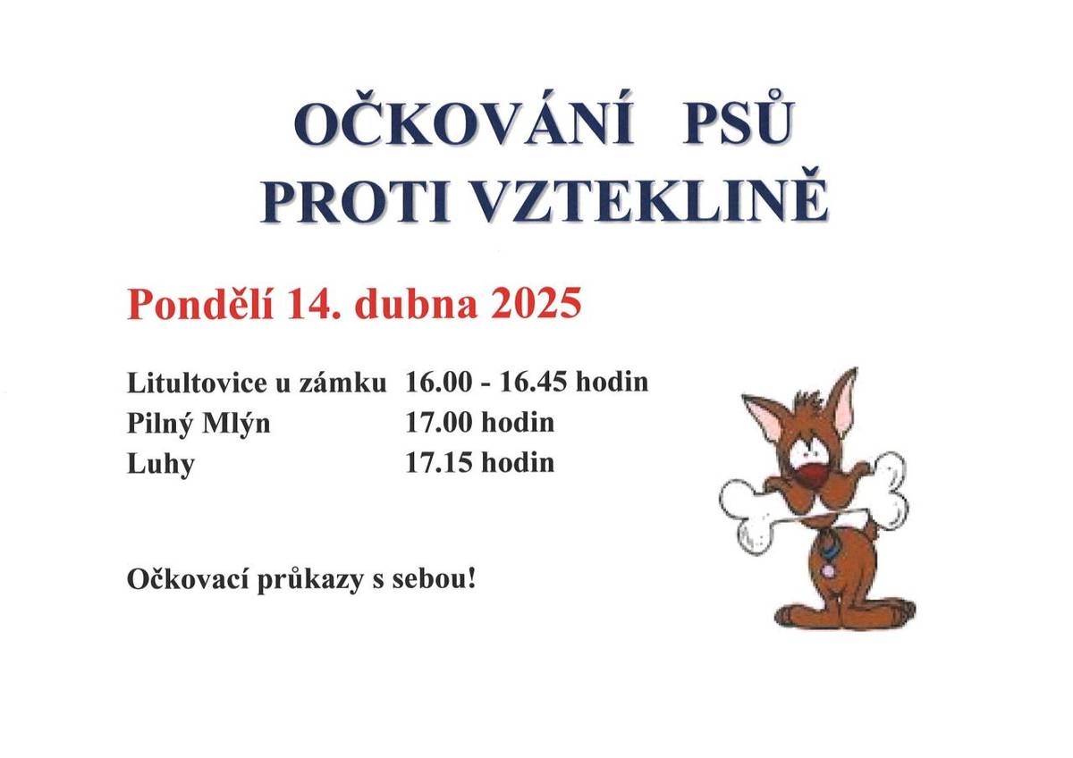 V pondělí 14. dubna 2025 proběhne v Litultovicích očkování psů proti vzteklině.