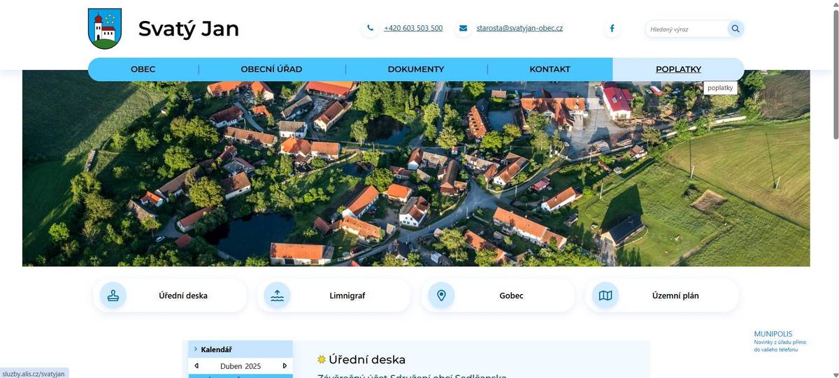 Prostřednictvím stránek obce Svatý Jan a aplikace SLUŽBY NA WEBU lze nově zaplatit poplatky za odpad a psy on-line, je možné také podat některé typy žádostí, případně ohlášek. Pro platbu poplatků za odpady i za rodinné příslušníky je nutné vyplnit a odevzdat Oznámení o ustanovení společného zástupce a použití společného variabilního symbolu, které naleznete na odkaze https://www.svatyjan-obec.cz/dokumenty/formulare-ke-stazeni/