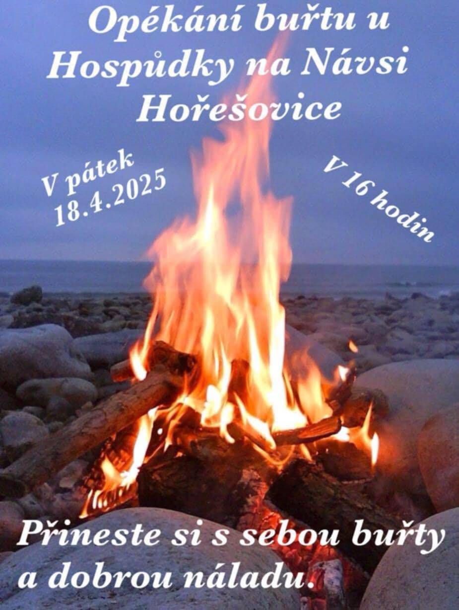 18.4. 2025 jarní opékání buřtů Zveme vás 18.4. od 16:00 na hřiště u hospody na jarní opékání buřtů. Akci pro vás pořádá Hospůdka na návsi