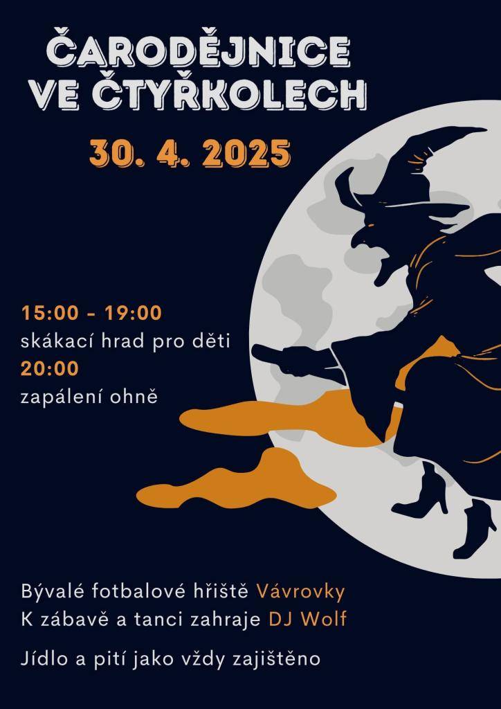 Tradiční čarodky se konají 30.4. na bývalém hřišti ve Vávrovkách. Od 15 do 19 hodin je pro děti připraven skákací hrad, ve 20 hodin proběhne zapálení ohně. Hudbu obstará DJ Wolf, jídlo a pití zajištěno.
