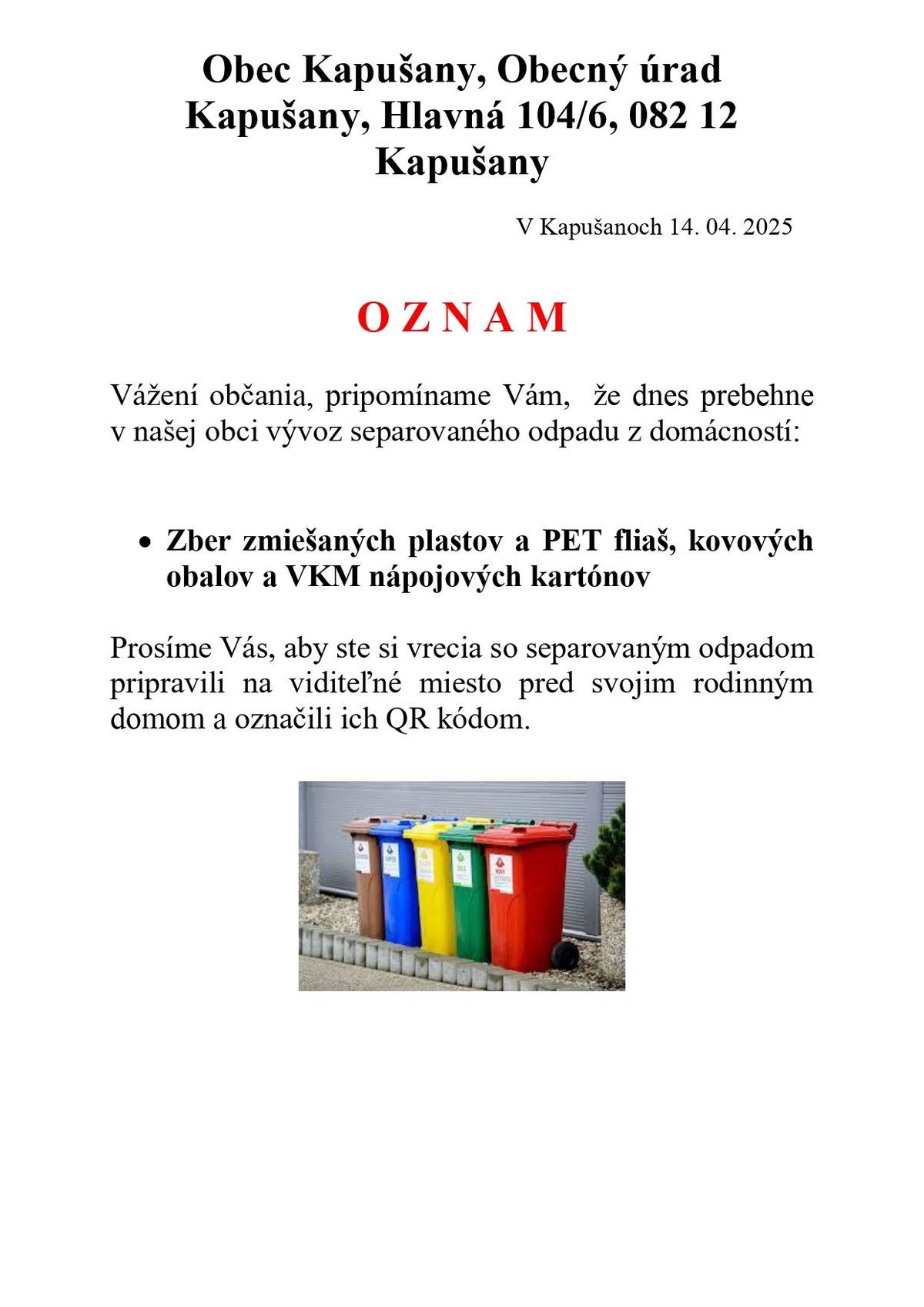 Zber plastov VKM a kovových obalov 14. 4. 2025