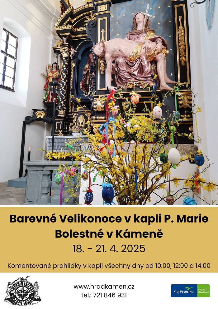 Muzeum Vysočiny Pelhřimov, p. o. všechny srdečně zve na speciální prohlídky zaměřené na velikonoční tradice, které se budou konat od pátku 18. 4. do pondělí 21. 4. 2025. Začátky v 10:00, 12:00 a 14:00 hodin. Součástí svátečního programu bude velikonoční výzdoba kaple, tematický kvíz a v pondělí 21. 4. od 11:00 hodin Velikonoční mše svatá. Těšíme se na viděnou.