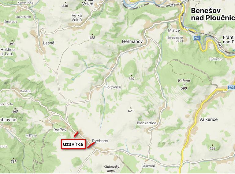 Rychnov - oprava sítě a sloupů VN, NN silnice III/24095 Úplná uzavírka v pracovní době 8:00 - 17:00 ve dnech 5., 6., 12., 15., 16. a 17. května 2025