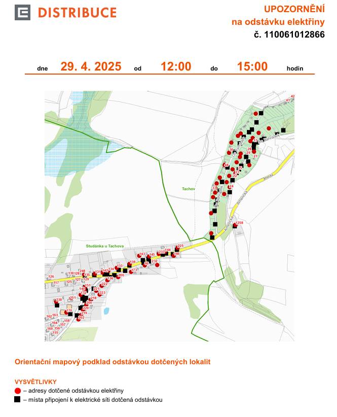 Plánovaná odstávka ČEZ dne 29.4. v čase 12-15 h zahrnuje tato čísla popisná:  96, 131-136, 138, 140, 142-146, 151, 170, 173, 200, 202, 206, 218-223, 225, 230, 233.