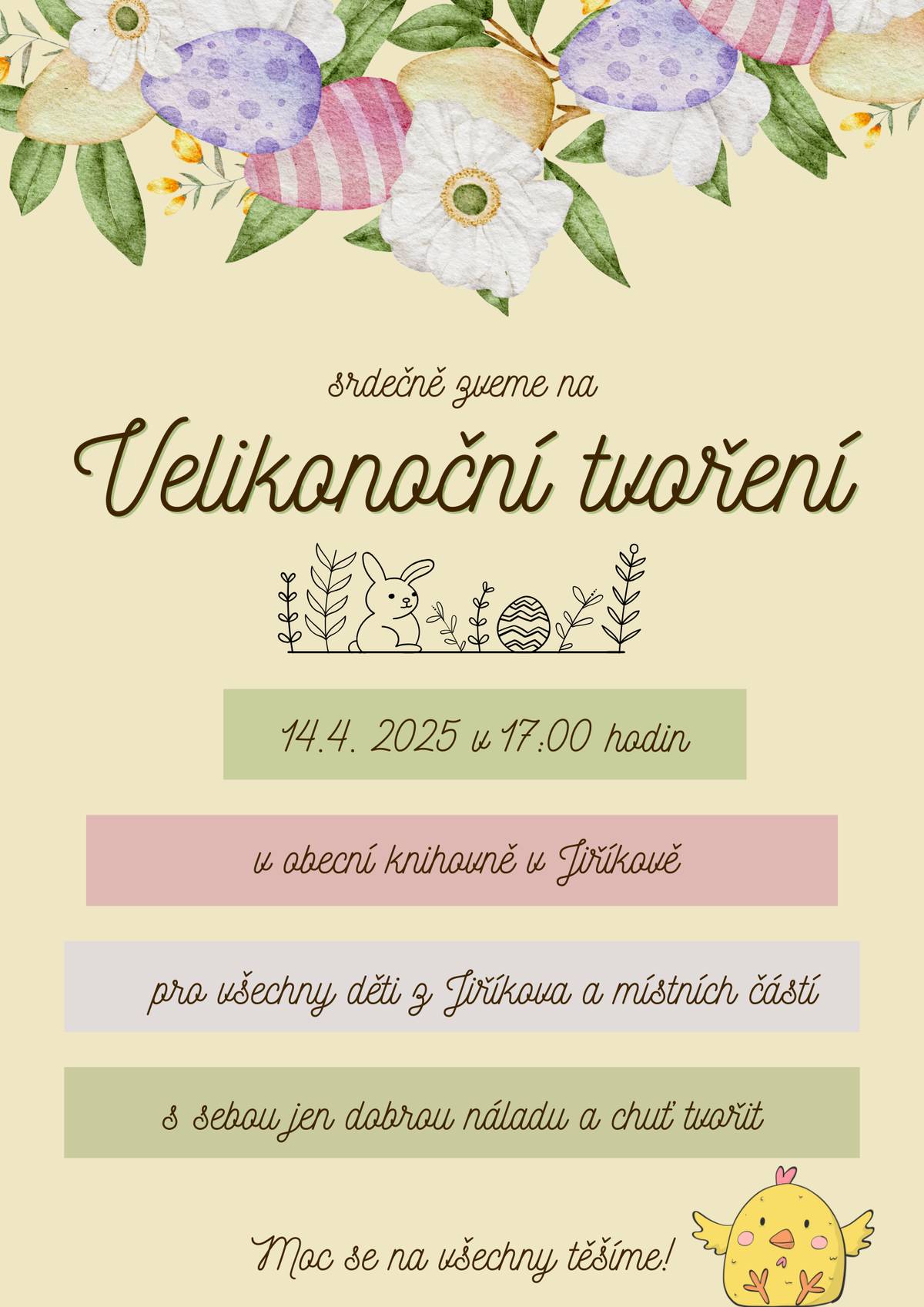 I letos si mohou děti přijít do jiříkovské knihovny vyrobit nápadité velikonoční dekorace na stůl, dveře nebo okna. Oblíbené tvoření s Janou Flámovou začíná v pondělí 14. dubna od 17:00 hod., těšíme se na všechny!