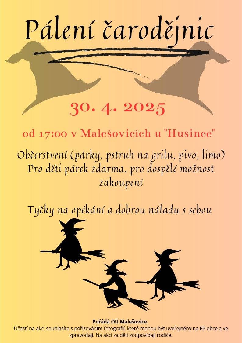 srdečně Vás zveme na tradiční jarní akci pálení čarodějnic u rybníčku Husinec