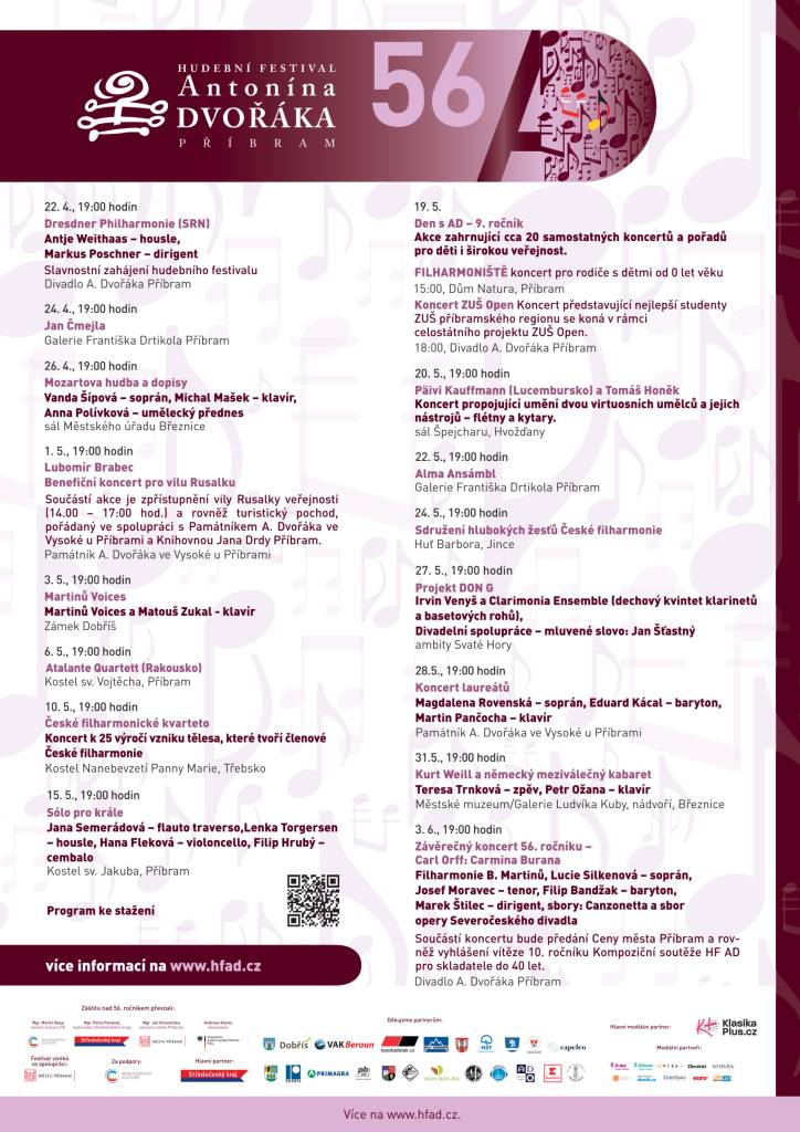 Hudební festival Antonína Dvořáka Příbram vstupuje do svého 56. ročníku a od 22. dubna do 3. června přináší 17 koncertů předních českých i světových umělců, rozprostřených na celé území příbramského regionu – od Dobříše až po Hvožďany.