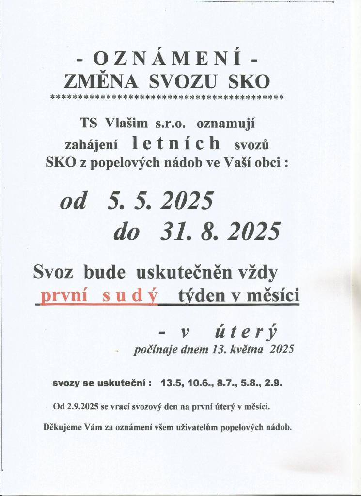 Letní svoz smíšeného odpadu/popelnic/ v roce 2025