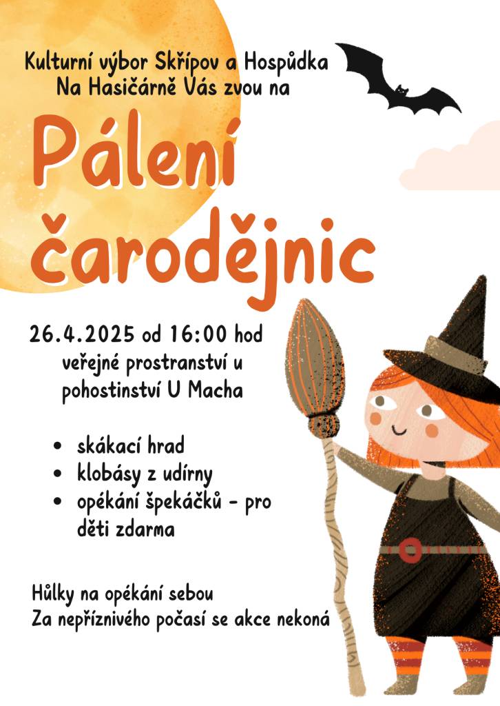Kulturní výbor a Hospůdka Na Hasičárně Vás zvou na "Pálení čarodějnic" dne 26.4.2025 od 16:00 hod. na veřejné prostranství u pohostinství U Macha.  - skákací hrad  - klobásy z udírny  - opékaní špekáčků - pro děti zdarma - hůlky na opékaní si přineste sebou    Za nepříznivého počasí se akce nekoná