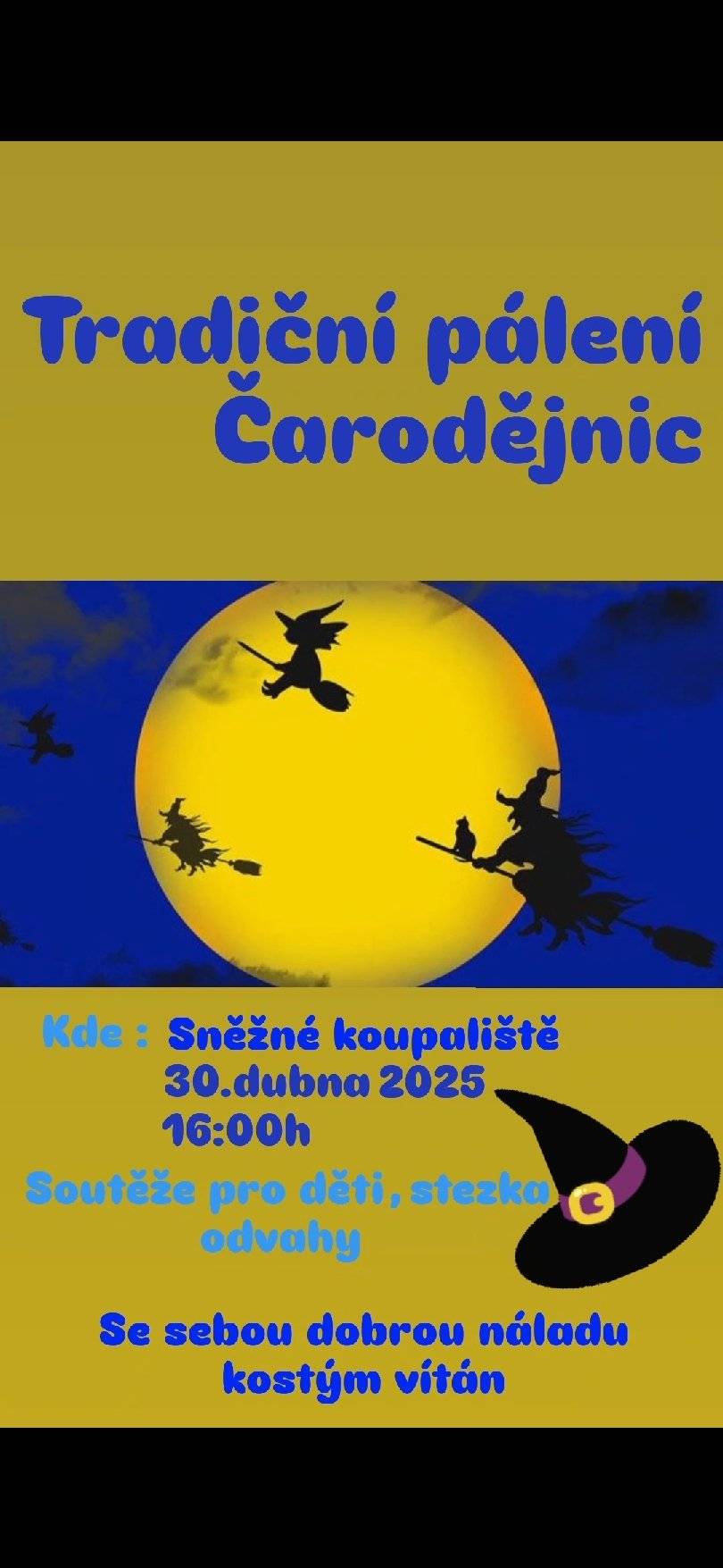 TJ, SOKOL Sněžné zve na pálení čarodějnic. Akce proběhne na koupališti 30.4.2025 od 16:00