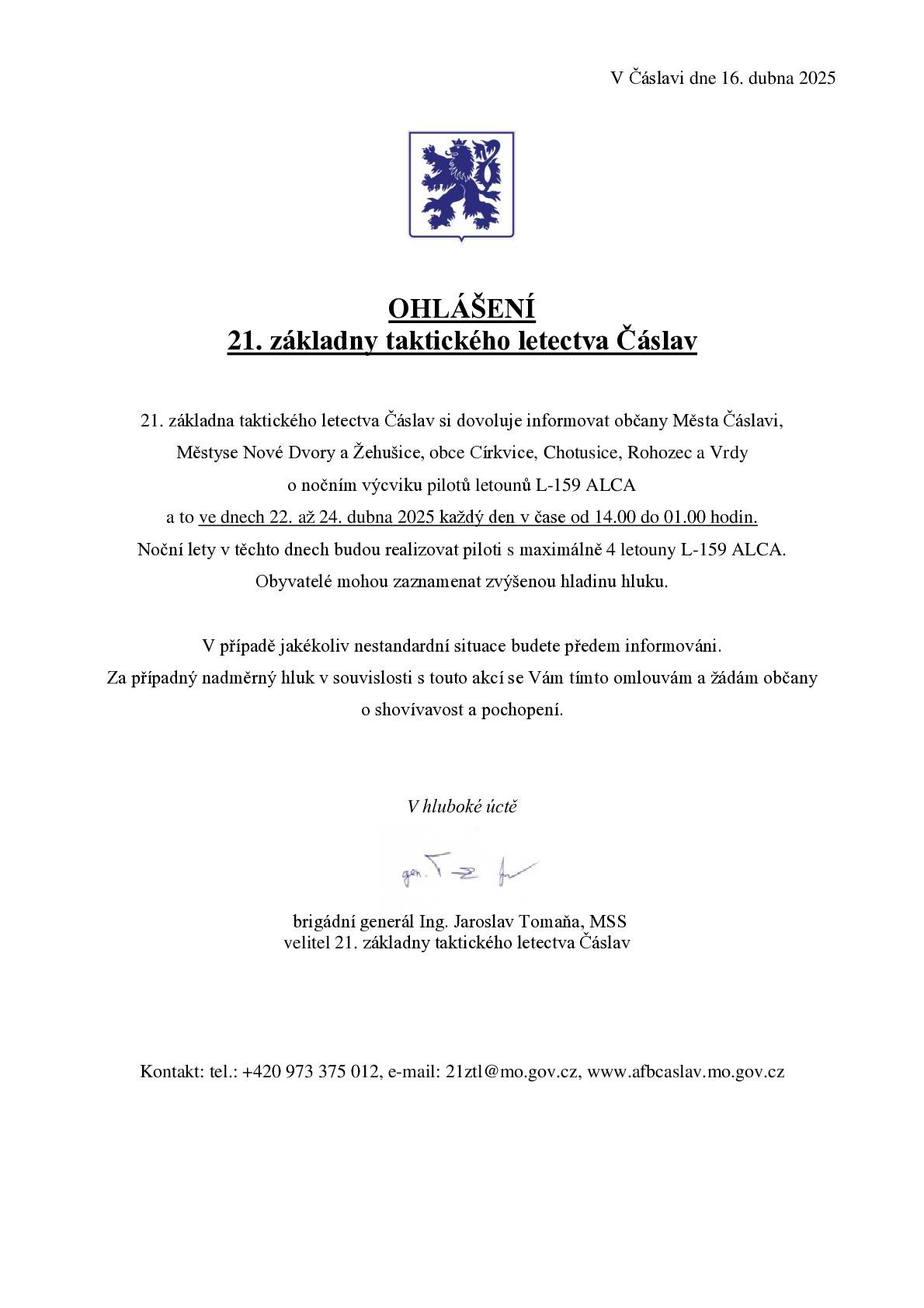 Výcvik pilotů letounů 22. - 24.4.2025 v čase 14:00 - 01:00