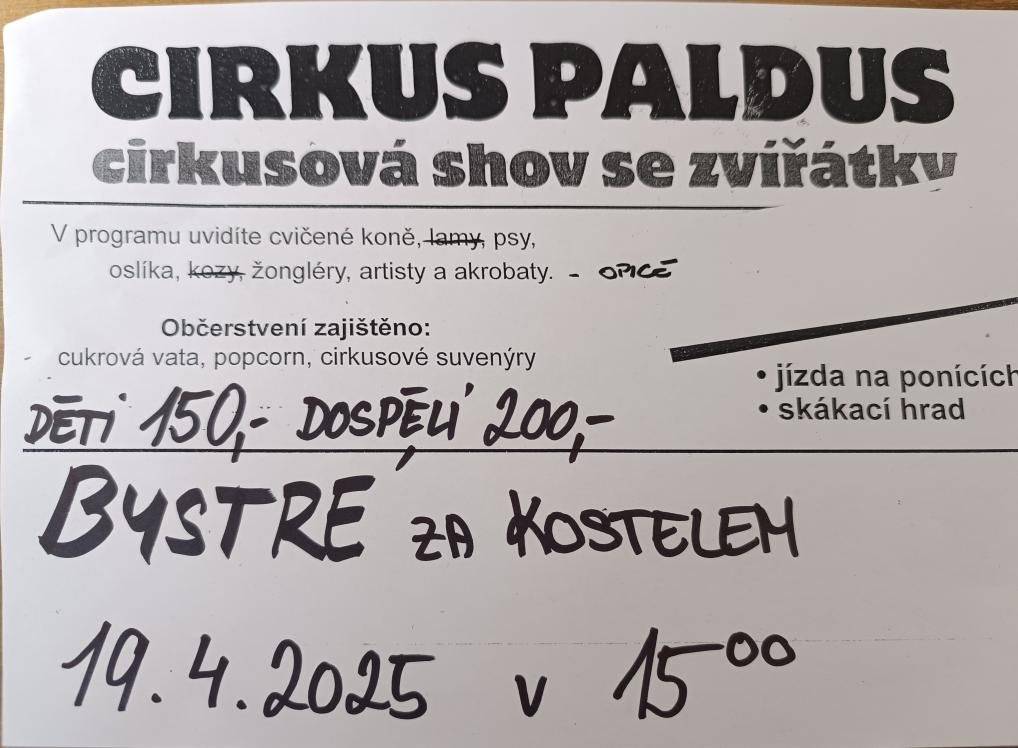 Zveme na cirkusové vystoupení v Bystrém za kostelem v sobotu 19. 4. 2025 od 15 hodin.