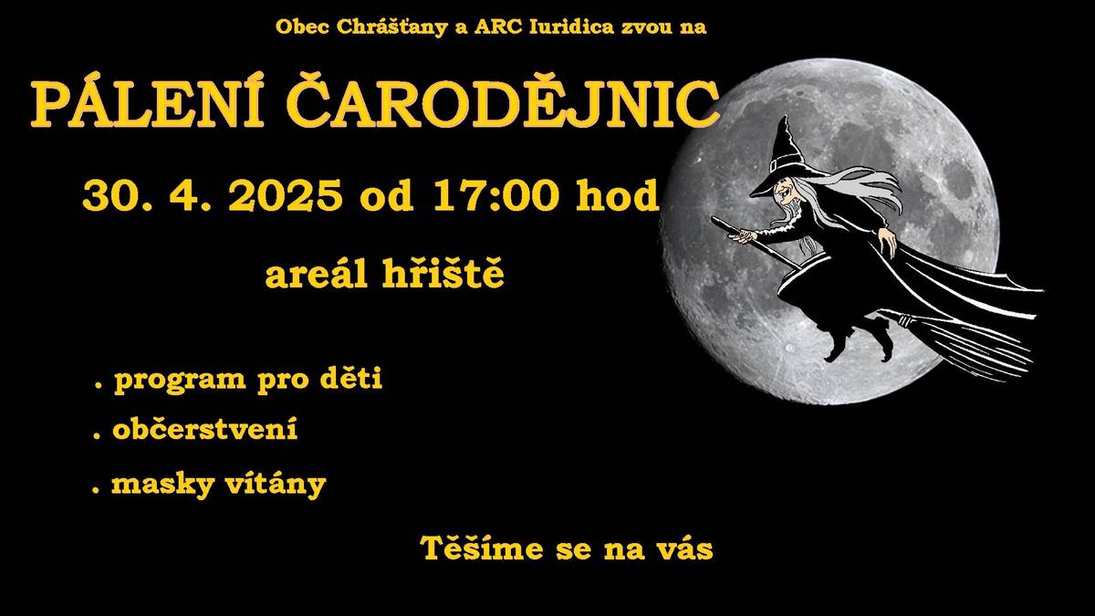 Zveme všechny na pálení čarodějnic, které se koná 30.4.2025 od 17:00 hod v areálu hřiště. Program pro děti, občerstvení. Těšíme se na vás.