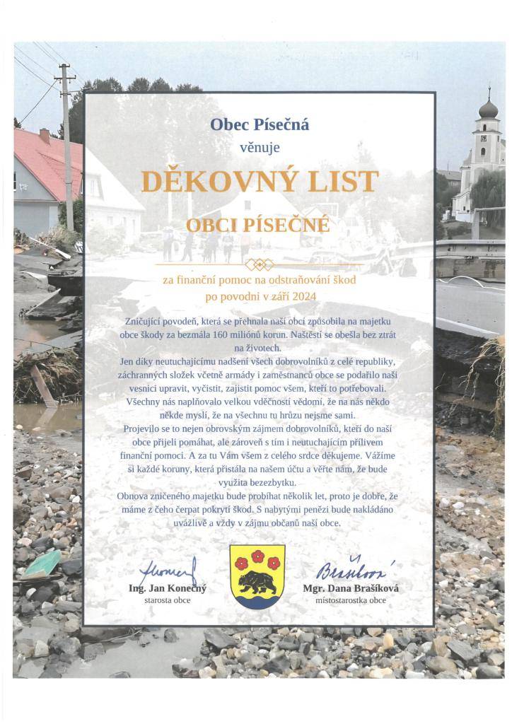 Obec Písečná děkuje za finanční pomoc na odstraňování škod po povodni v září 2024