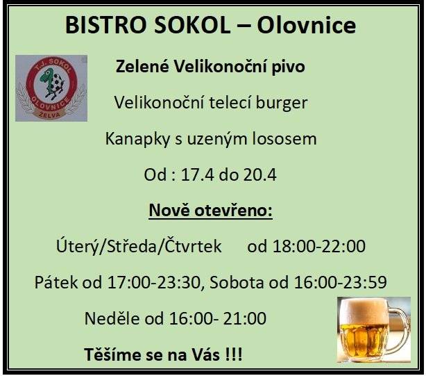 se na Vás těší....  Přijďte si ochutnat zelené pivo a velikonoční pochutiny