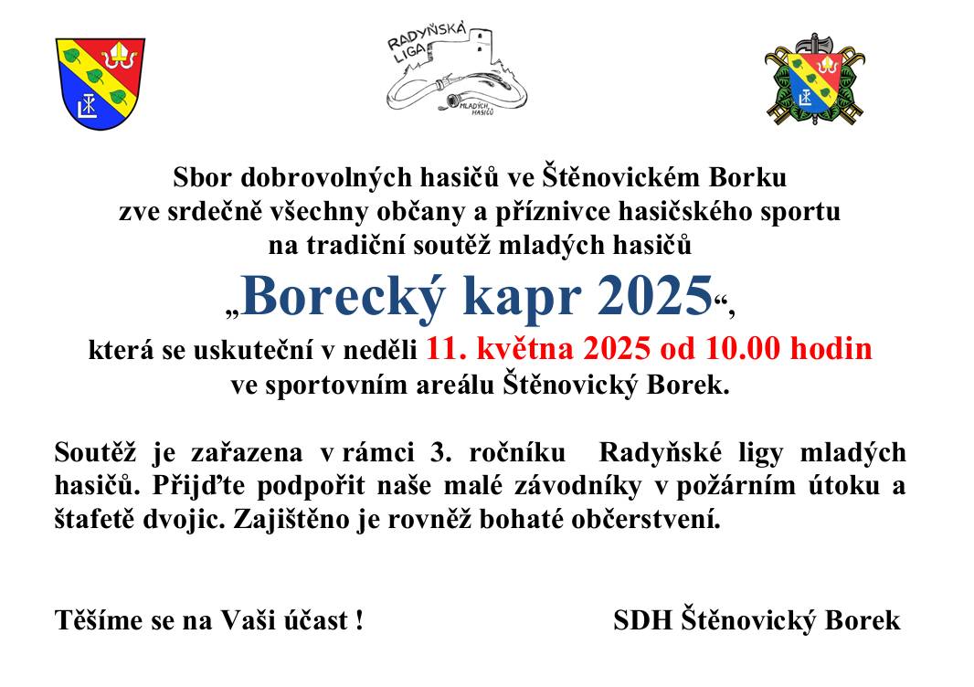 SDH Štěnovický Borek pořádá 11. května 2025 od 10:00 hodin  ve sportovním areálu soutěž mladých hasičů O Boreckého kapra.