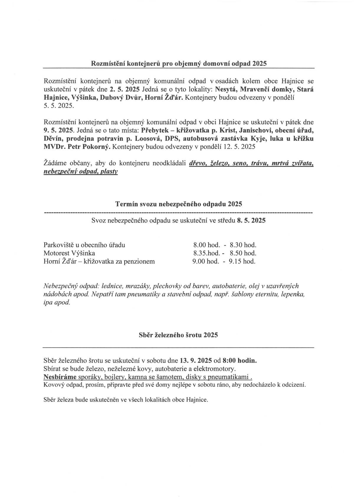 Rozpis svozu odpadů - kontejnery, nebezpečný odpad, železo 2025
