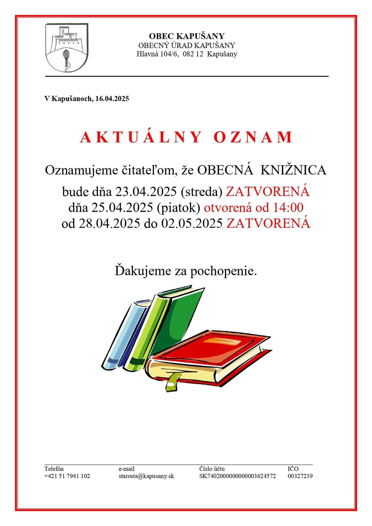 Dočasne upravené úradné hodiny obecná knižnica