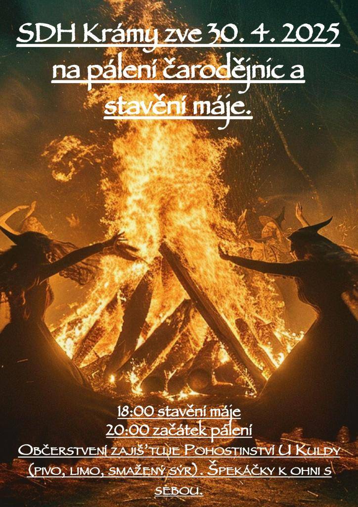 Občané jsou zváni na tradiční pálení čarodějnic, které se koná v Krámech od 18 hodin. Přijďte oslavit tuto oblíbenou tradici s námi