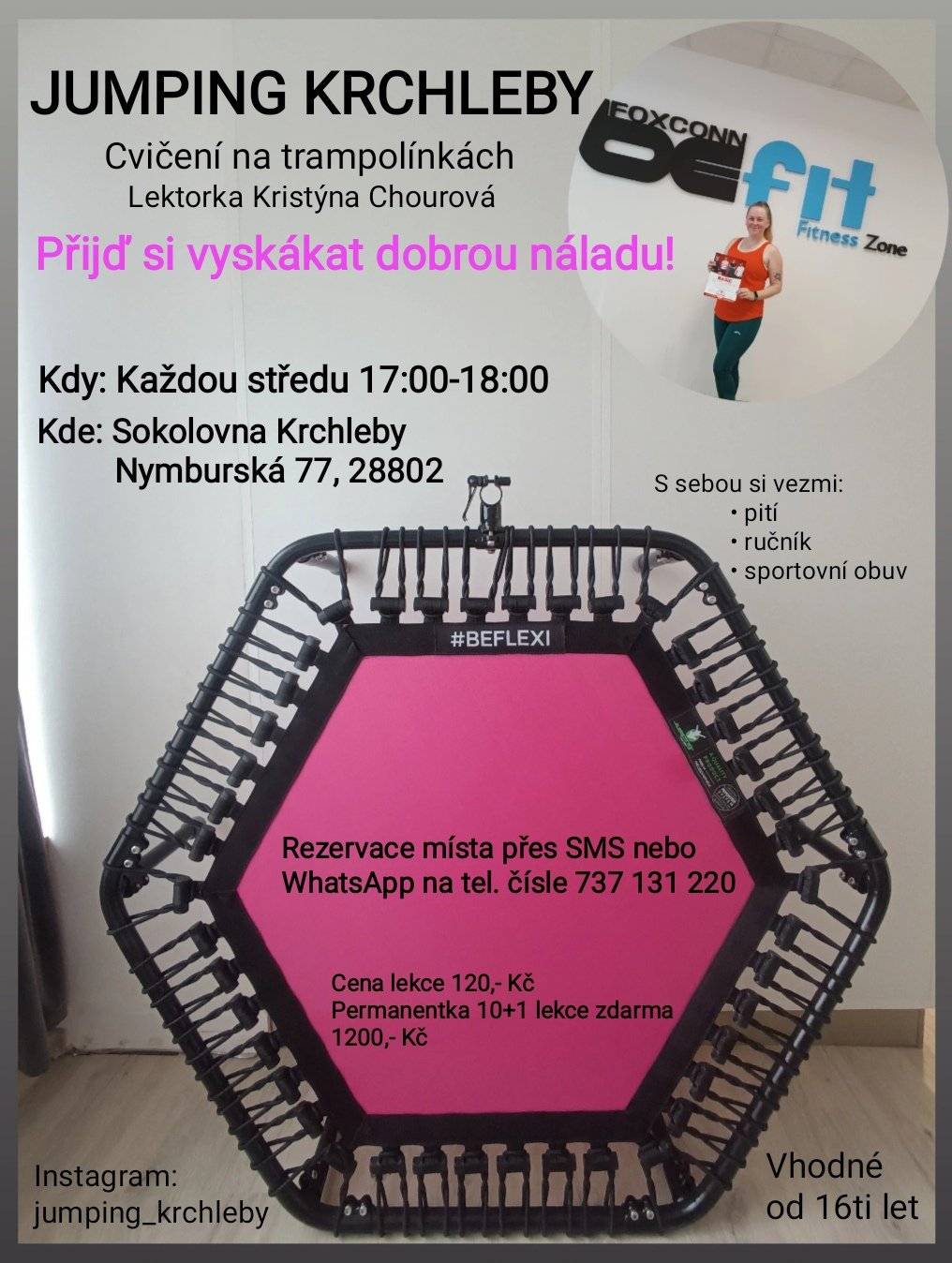 Přijďte si vyskákat dobrou náladu! Jumping posiluje komplexně svaly celého těla a je to dymanické kardio cvičení na hudbu. Dobrá nálada a spousta spálených kalorií zaručena! Přijď si zacvičit každou středu od 17:00 do sokolovny v Krchlebích. První lekce již 23.4.2025.