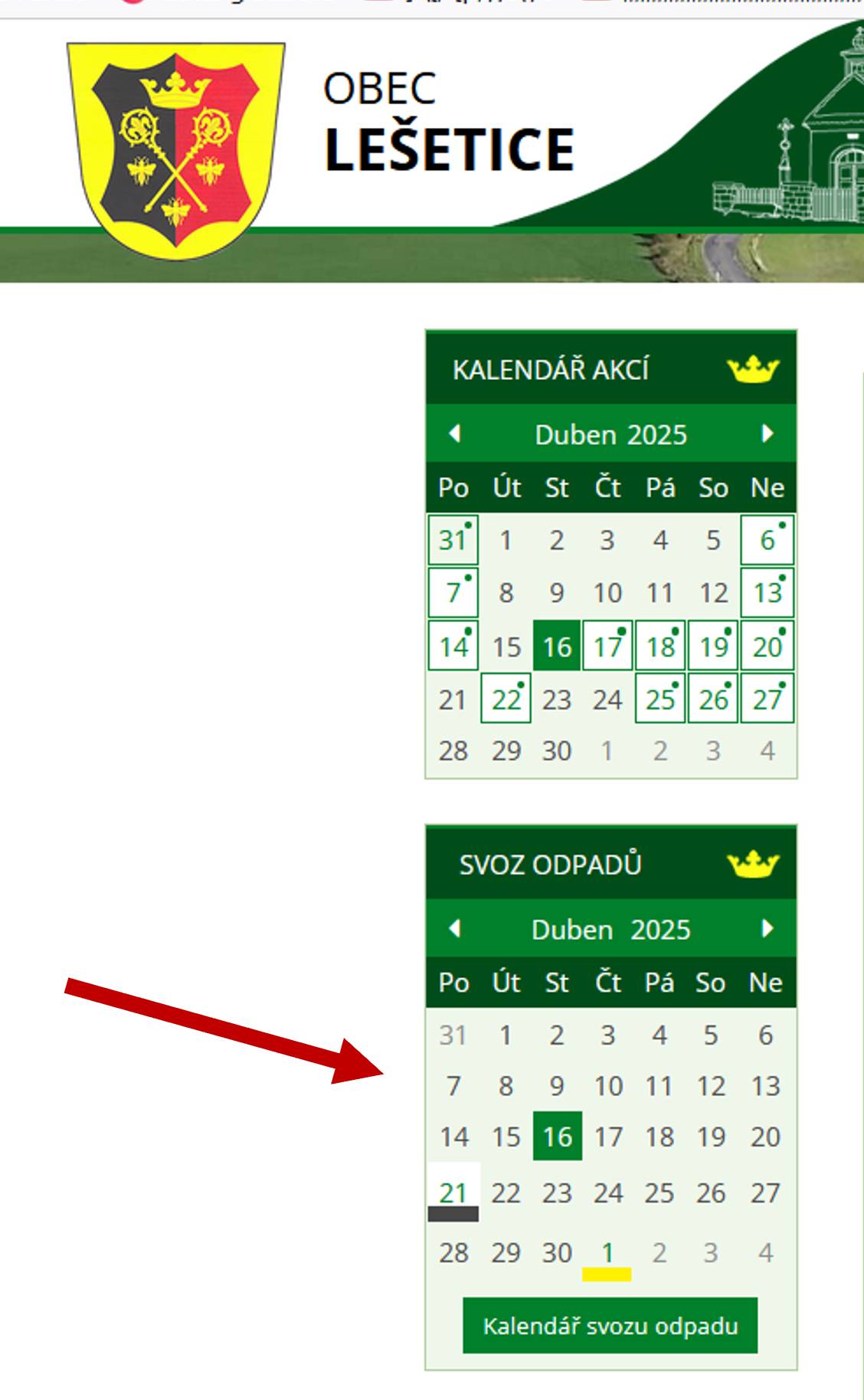 Na stránkách obce (a tedy zároveň na úřední desce) najdete nově v levém sloupci pod kalendářem akcí speciální kalendář zobrazující pouze pravidelné svozy odpadů - černě TKO a žlutě plasty pro jednodušší a rychlejší kontrolu termínů .