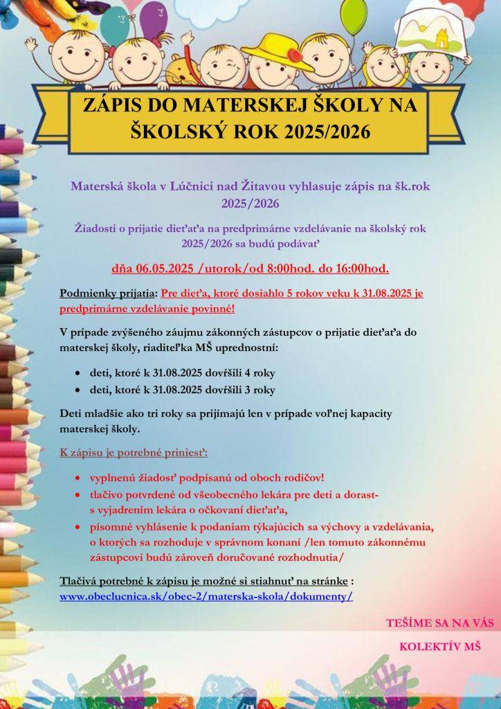 K zápisu na predprimárne vzdelávanie je potrebné priniesť žiadosť, potvrdenie od lekára, ktoré je už priamo v žiadosti a písomné vyhlásenie.
