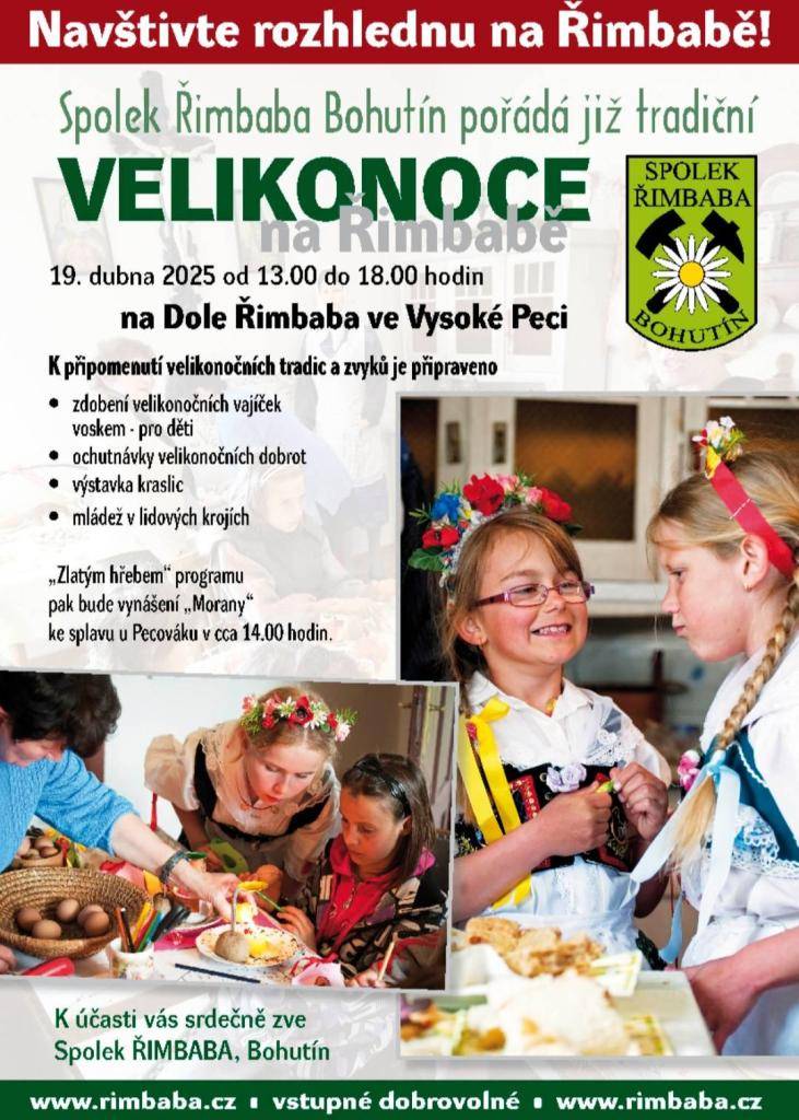 Přijďte si připomenout velikonoční tradice na Řimbabu a nasát sváteční atmosféru 19. 4. 2025 v době od 13:00 do 18:00 hod. Všichni jste srdečně zváni.