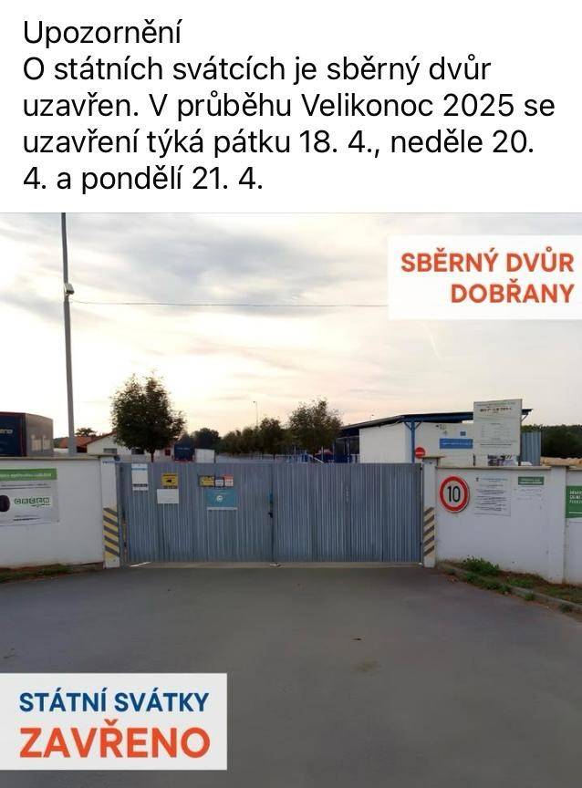 Sběrný dvůr Dobřany bude uzavřen 18.4., 20.4. a 21.4.2025