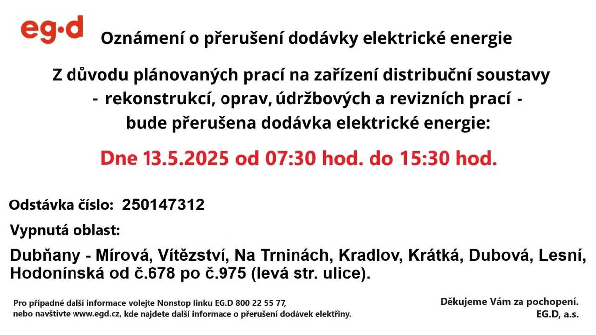 Odstávka elektřiny 13. 5. 2025