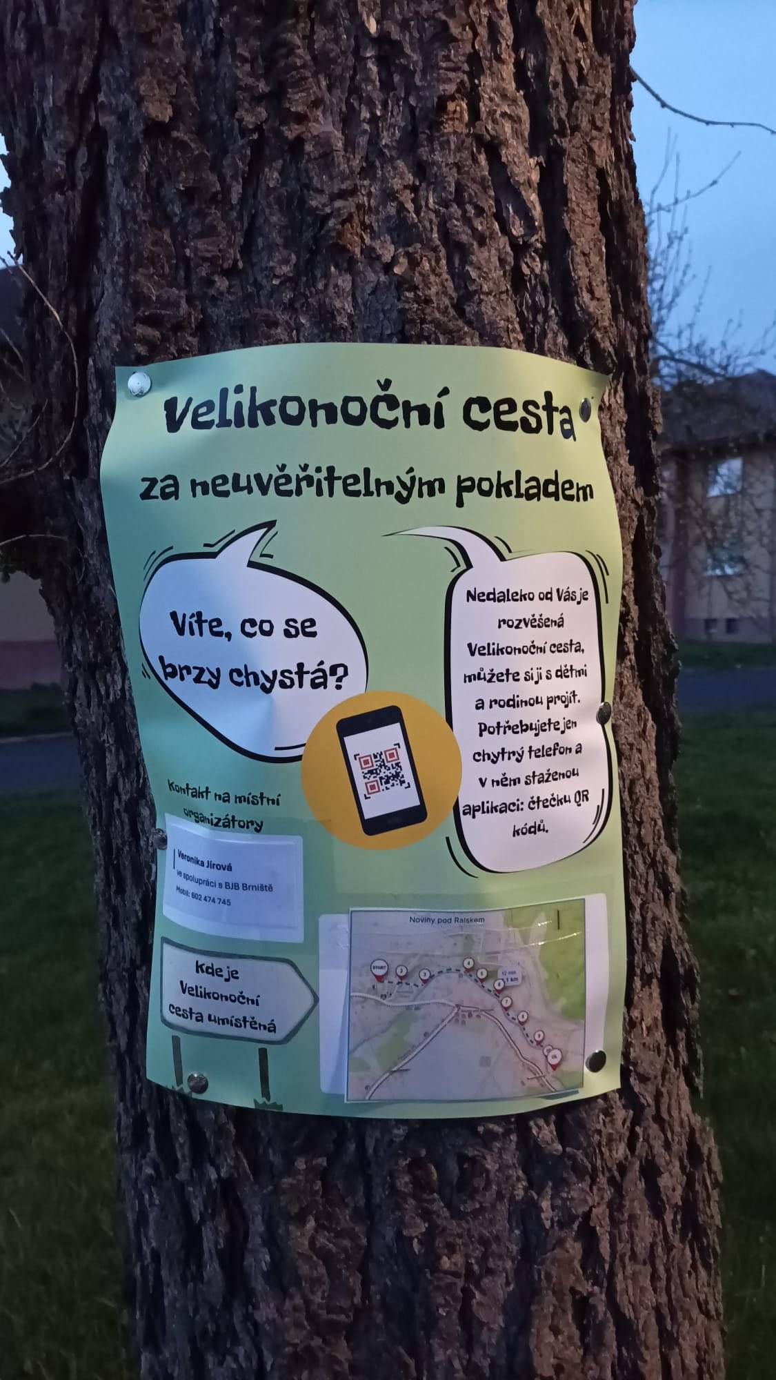 Velikonoční cesta je pro rodiče s dětmi připravena od 16.4. do 22.4.2025. Začíná na parkovišti u OÚ a dále pokračuje proti proudu Ploučnice směrem k Průrvě.  S sebou potřebujete jen telefon s aplikací na čtení QR kódů.