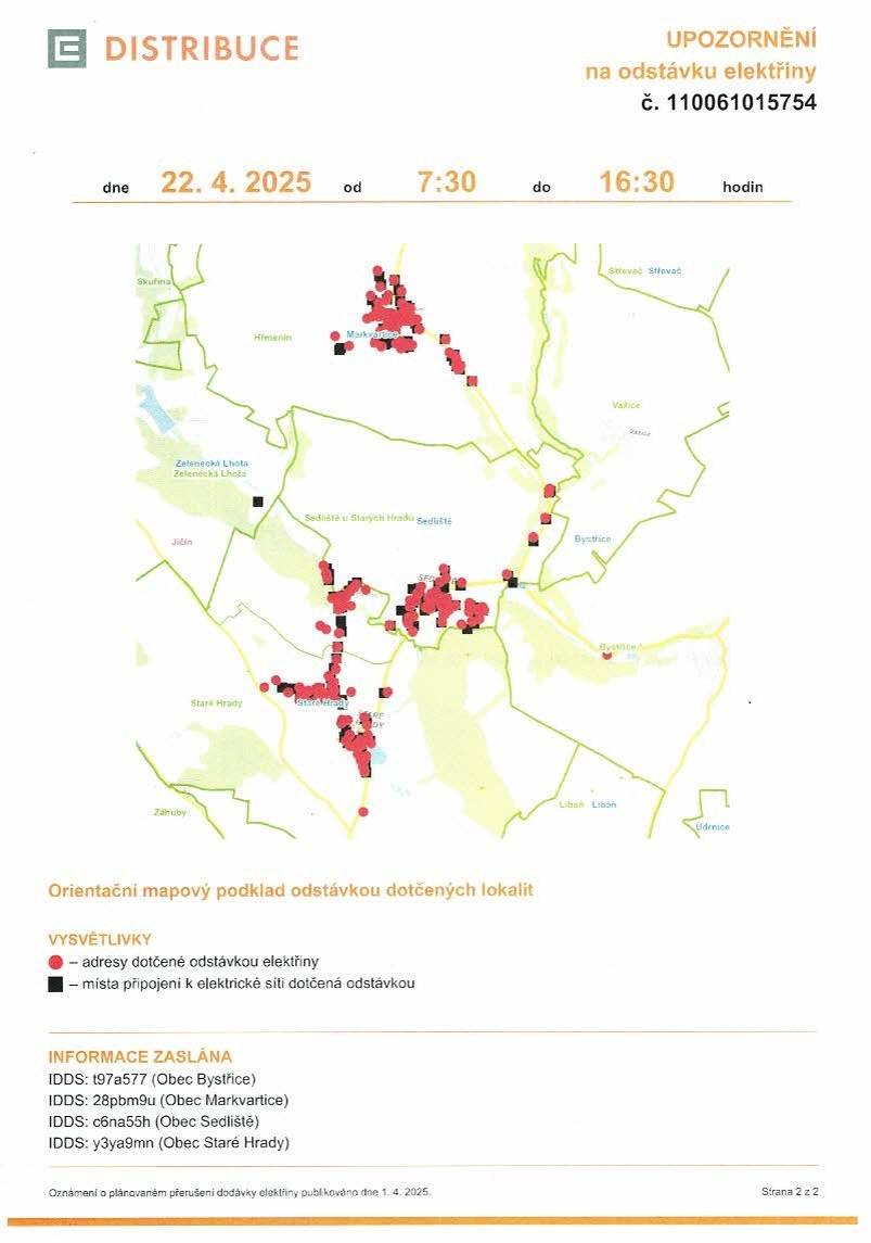 Oznámení o přerušení dodávky elektrického proudu v úterý dne 22.4.2025