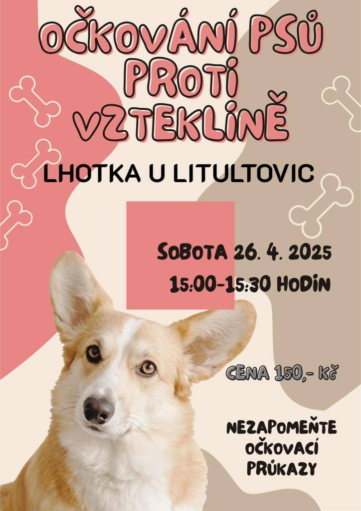 Očkování psů ve Lhotce a na Životských Horách v sobotu 26.4.2025