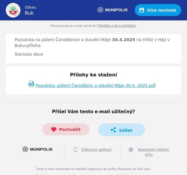 Pozvánka na pálení Čarodějnice a stavění Máje 30.4.2025 na hřišti v Háji v Buku-příloha Starosta obce