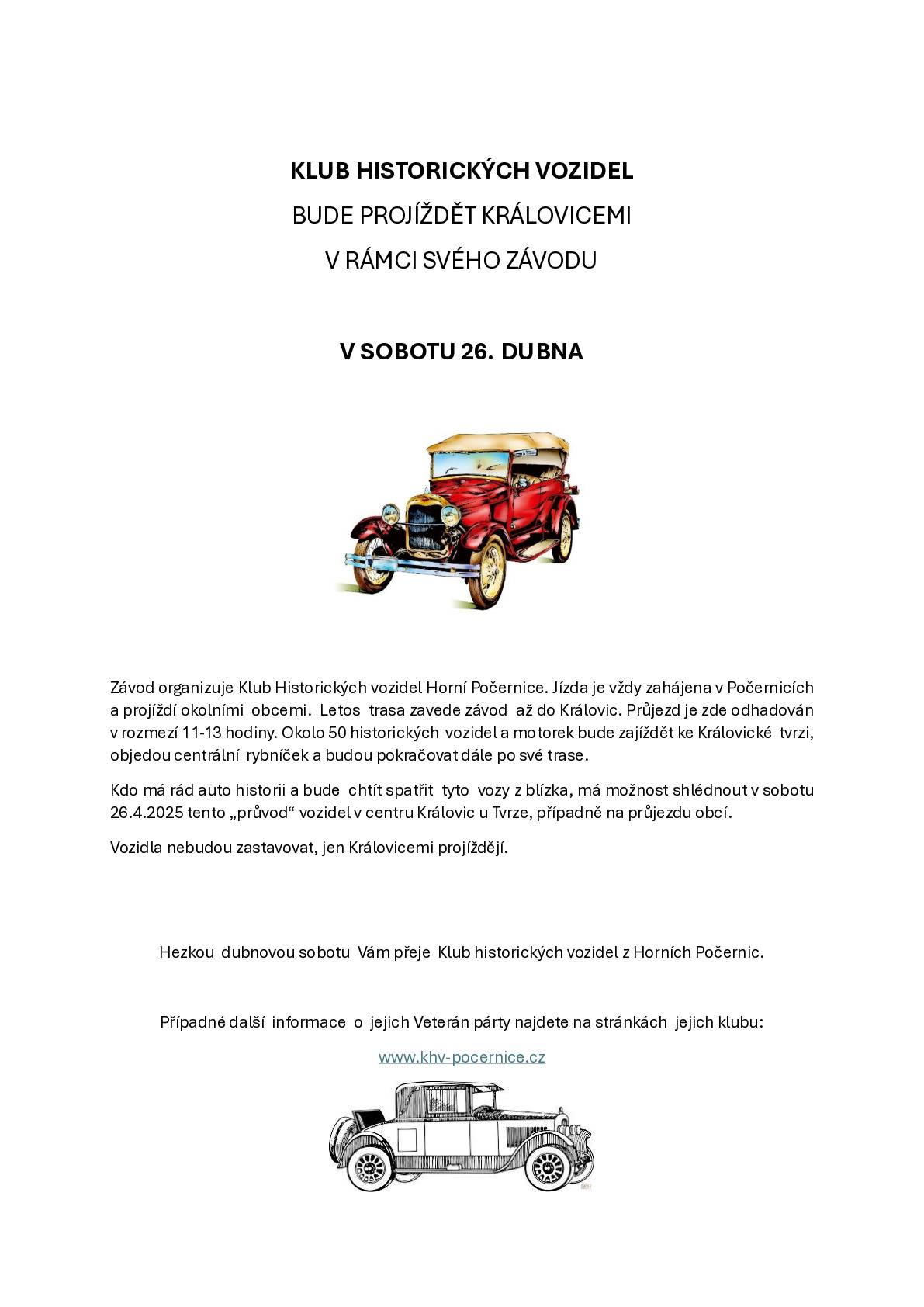Přijďte podpořit závodníky závodu Klubu auto veteránů při průjezdu Královicemi v sobotu 26.4.2025