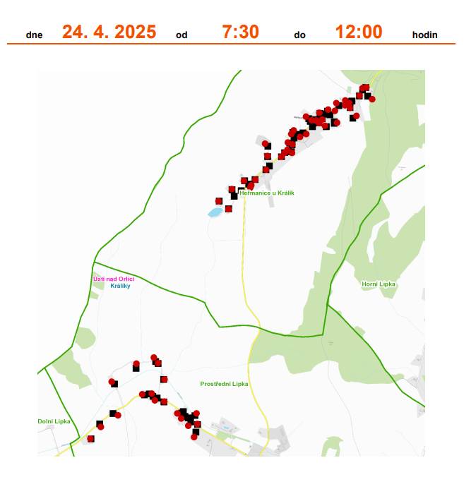 čt. 24. 4. 2025, 07:30–12:00  Heřmanice č. p.  3, 6, 9, 12, 16, 17, 18, 20, 21, 22, 25, 30, 53, 55-61, 63, 67, 70, 73, 83, 84, 91, 93, 99, 100, 101, 102, č. ev.  6, 7, 8  Prostřední Lipka č. p.  5, 10, 11, 13, 19, 60, 85, 93, 99, 101, 118, 119, 124, 125  kat. území Heřmanice u Králík  parcelní č. 95, 149, 153, 892/3, 5163, 5173, 5465   st. 7. 5. 2025, 07:30–11:00 Králíky 17. listopadu č.p. 37, 38, 39, 44, 48, 320, 321, 467 Červenovodská č.p. 302 Dlouhá č.p. 281-291, 294-298, 300, 301, 340-351, 353 Hluboká č.p. 14 Jana Opletala č.p. 21, 22, 23, 45, 92, 116, 117, 118, 121, 126, 128, 129, 132, 360, 361 Malé náměstí č.p. 322, 338 Na Pískách č.p. 131, 133-139, 141-145, 377, 378, 549, 650 Nábřežní č.p. 125, 375 Pivovarská č.p. 146 Polní č.p. 43 Příční č.p. 352 Příkrá č.p. 40, 42, 315 Slunná stráň č.p. 162, 632 Valdštejnova č.p. 323-337, 347, 359, 370, 914, 916 Velké náměstí č.p. 6, 354-358 Zahradní č.p. 24-30, 32, 33, 34, 468, 469 Ztracená č.p. 9, 10, 631  kat. území Králíky parcelní č. 285, 913, 2072/26  více info na https://www.cezdistribuce.cz/pro-zakazniky/potrebuji-vyresit/stavajici-pripojeni/overeni-planovane-odstavky?jlTown=580481