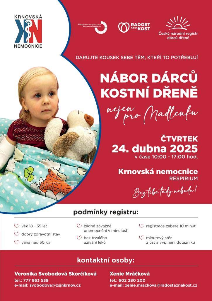 Nábor se uskuteční ve čtvrtek 24. dubna 2025 v Krnovské nemocnici od 10:00 - 17:00 hod. Podmínky registru naleznete v letáku.