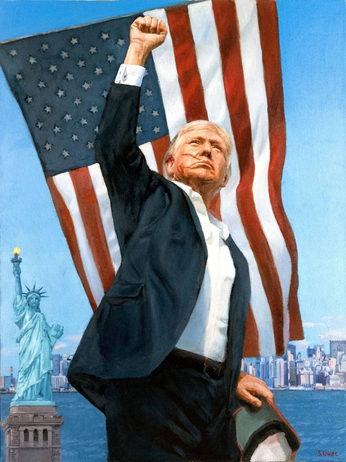 Ruský malíř Nikas Safronov se letos dostal do centra světové pozornosti díky portrétu Donalda Trumpa, který si objednal přímo Kreml. Obraz zachycuje Trumpa, jak po neúspěšném pokusu o atentát v Butleru v Pensylvánii v červenci 2024 zvedá pěst na pódiu, se stopami krve a jizvou na tváři. „Bylo pro mě důležité ukázat krev, jizvu a jeho statečnost během pokusu o jeho život. Nezhroutil se ani se nebál, ale zvedl paži, aby ukázal, že je zajedno s Amerikou a vrátí jí, co si zaslouží,“ popsal Safronov pro CNN.