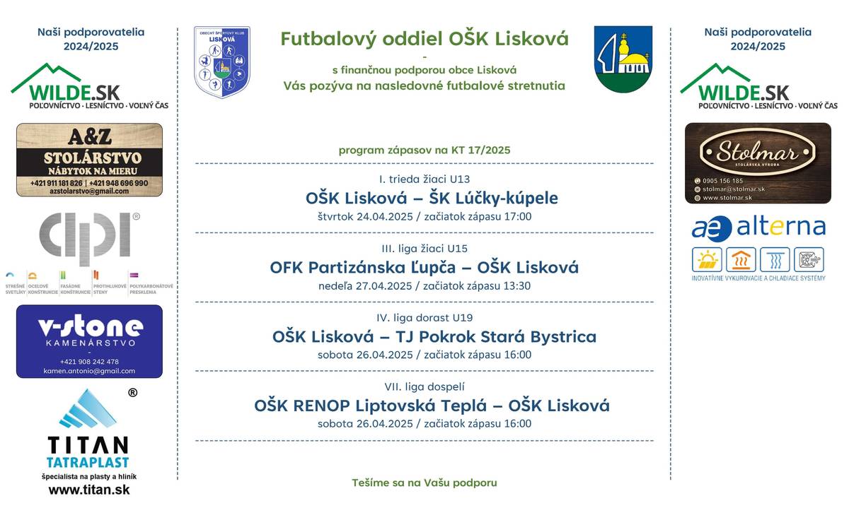 Futbalový oddiel OŠK Lisková Vás pozýva na futbalové stretnutia jarnej časti súťažného ročníka 2024/2025, v ktorých mužstvo mladších žiakov odohrá zápas vo štvrtok doma proti Lúčkam o 17:00. Dorast odohrá svoj zápas doma v sobotu o 16:00  proti tímu Starej Bystrice. Dospelý odohrajú zápas v Liptovskej Teplej v sobotu o 16:00. Starší žiaci odohrajú zápas v nedeľu vonku o 13:30 proti Partizánskej Ľupči.