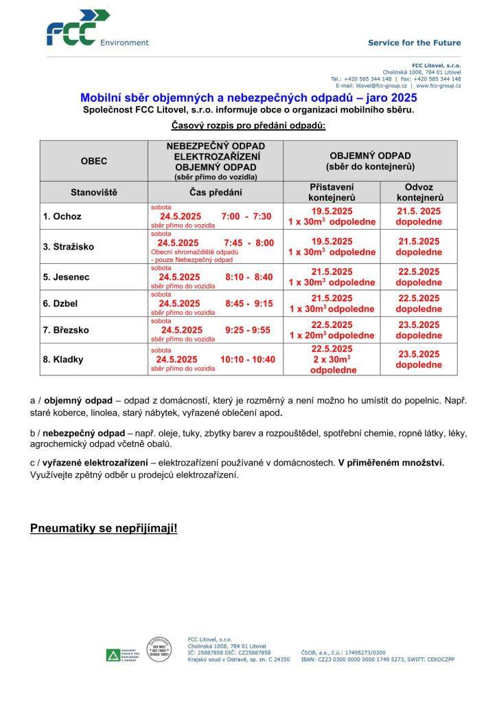 Mobilní sběr velkoobjemového a nebezpečného odpadu - jaro 2025