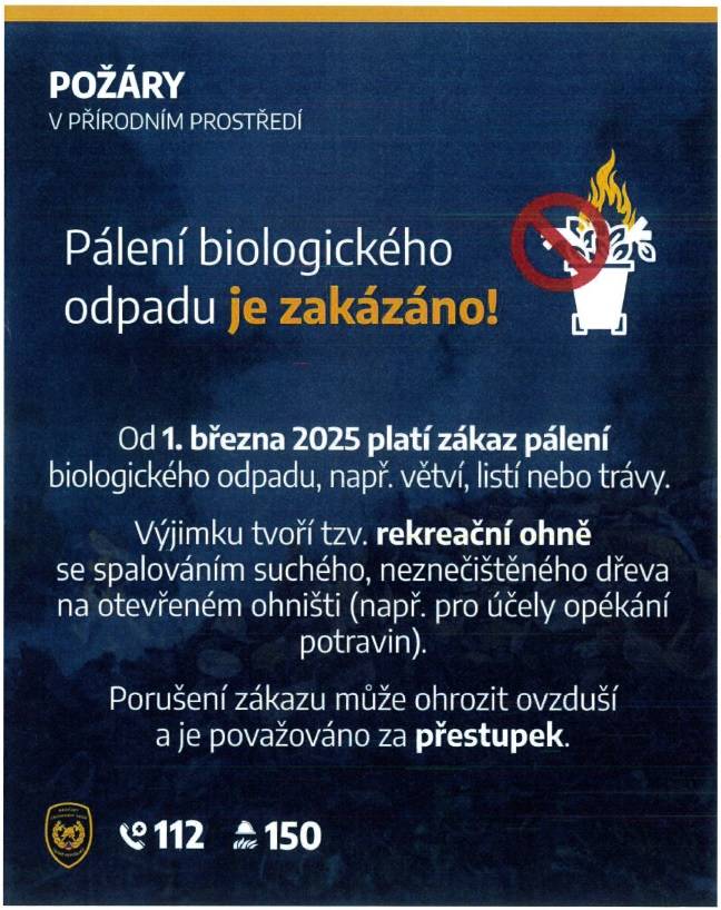 Od 1. března 2025 platí zákaz pálení biologického odpadu, např. větví, listí nebo trávy.